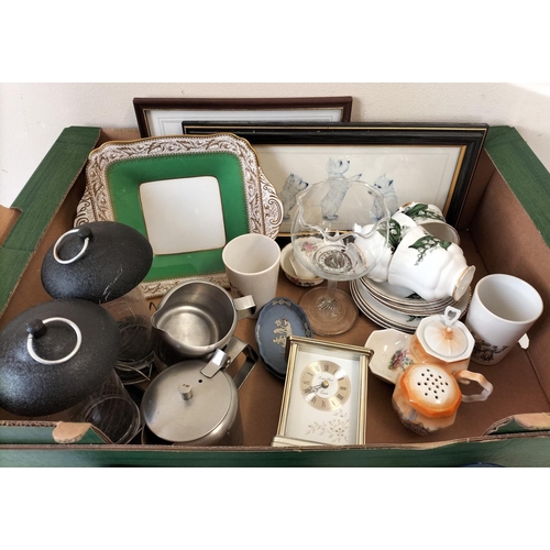 142 - Box of Mixed Pottery and Glass to include Cups, Saucers, Bird Feeders, Clock, etc.