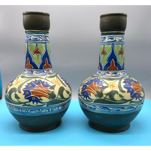 167 - Pair of 31cm Edwardian c1910 James Plant, Hanley, Arts and Crafts Hand Painted Pottery Bottle Vases.