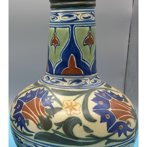 167 - Pair of 31cm Edwardian c1910 James Plant, Hanley, Arts and Crafts Hand Painted Pottery Bottle Vases.