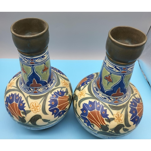 167 - Pair of 31cm Edwardian c1910 James Plant, Hanley, Arts and Crafts Hand Painted Pottery Bottle Vases.