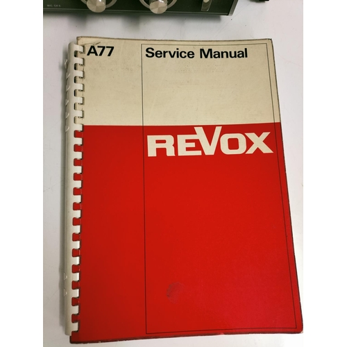 202 - Revox Type A77 Reel to Reel Tape plus Revox Manual and Service Manual. W/O. Plays Well. This Lot is ... 