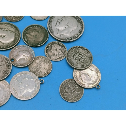 205 - Bag of Mixed Silver British Coins from George III to George V. Approx 47 Grams. Some with Drilled Ho... 