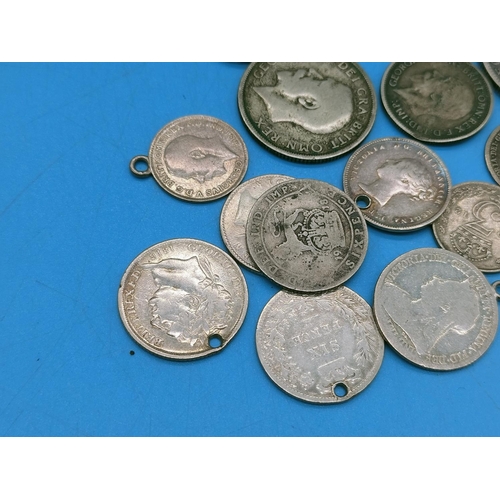 205 - Bag of Mixed Silver British Coins from George III to George V. Approx 47 Grams. Some with Drilled Ho... 