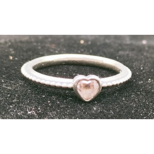 209 - Pandora Ring set with Heart Shaped Pink Stone. Marked 925 ALE. Size N+.