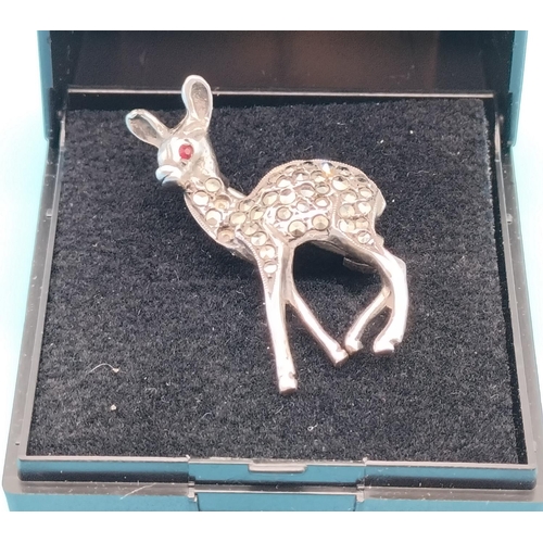 286 - Vintage Solid Silver and Marcasite Deer Brooch with Red Eyes. 3 Stones Missing.