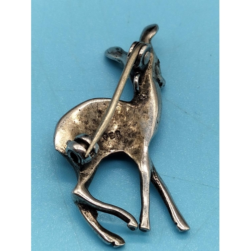 286 - Vintage Solid Silver and Marcasite Deer Brooch with Red Eyes. 3 Stones Missing.