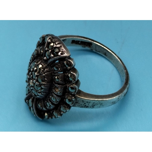 296 - Vintage Solid Silver and Marcasite Oval Shape Ring. 1 Stone Missing.