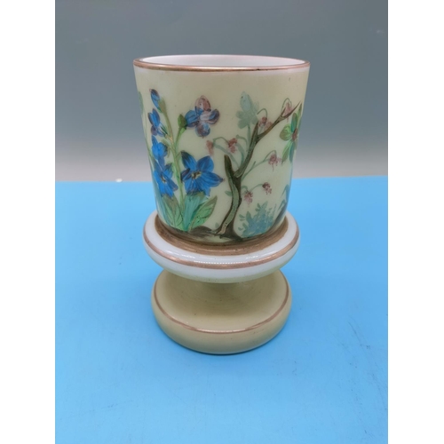 351 - Victorian Milk Glass 15cm Vase with Hand Painted Bird and Flower Design.