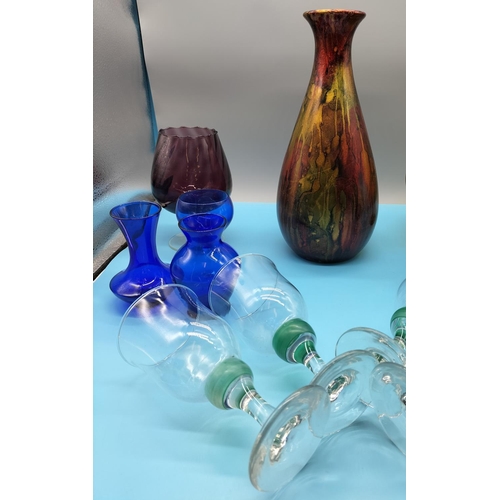 379 - Box of Mixed Coloured Glass including Glasses and 31cm Vase.