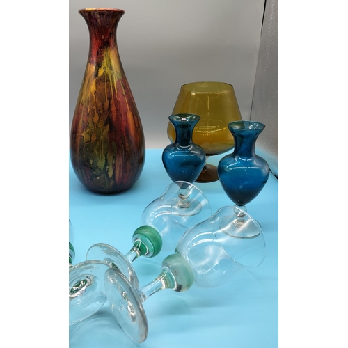 379 - Box of Mixed Coloured Glass including Glasses and 31cm Vase.