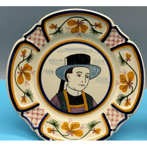 40 - 19th Century Quimper Hand Painted Portrait Plates (2). 20cm Diameter.