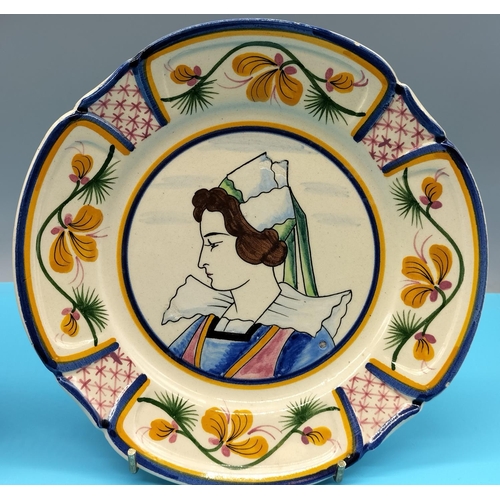 40 - 19th Century Quimper Hand Painted Portrait Plates (2). 20cm Diameter.