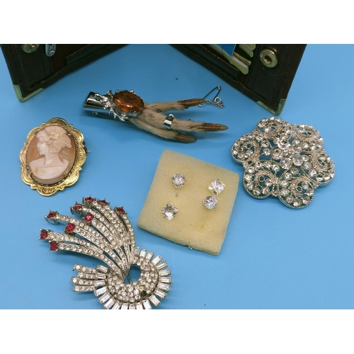 454 - Vintage Sewing Kit in Case, Brooches, Earrings, Grouse Foot, etc.