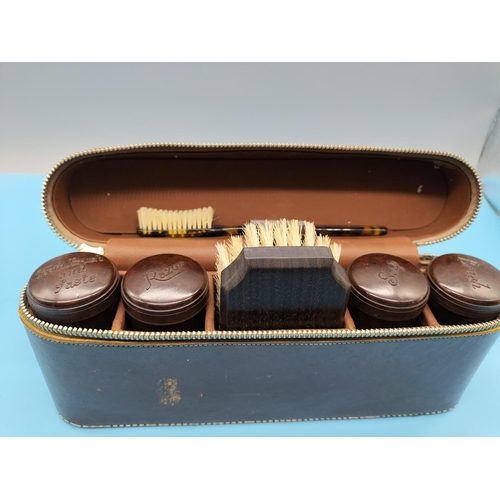 465 - Leather Cased Men's Travel Set with Plastic Pots, Brushes, etc.