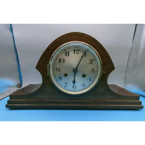 479 - Oak Napoleon Hat Mantle Clock. Ticks and Chimes OK. 24cm High, 45cm x 14.5cm.