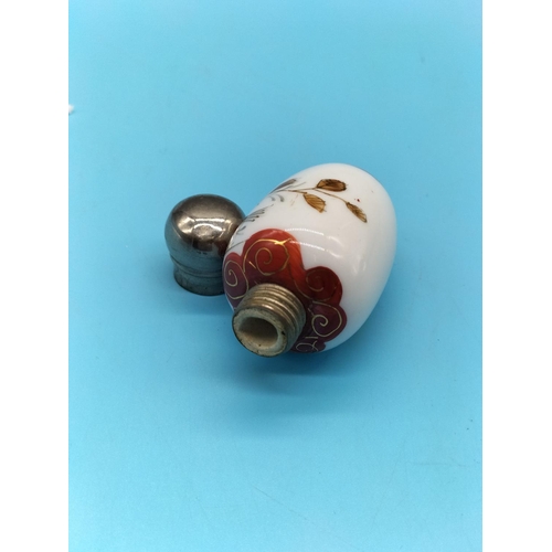 490 - Ceramic Chinese Scent Bottle with White Metal Lid. 7cm High.