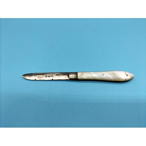 492 - Hallmarked Silver Fruit Knife with Mother of Pearl Handle.