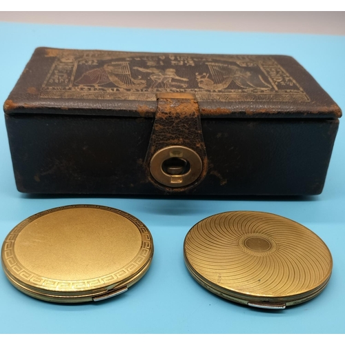 528 - Egyptian Leather Musical Jewellery Box (Requires Attention) plus 2 x Stratton Compacts.