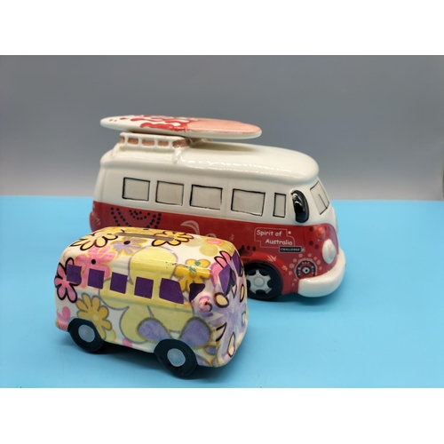 55 - Volkswagen Camper Van Money Boxes (2). Largest being 19cm x 14cm. Smaller One has Chip to Mirror.