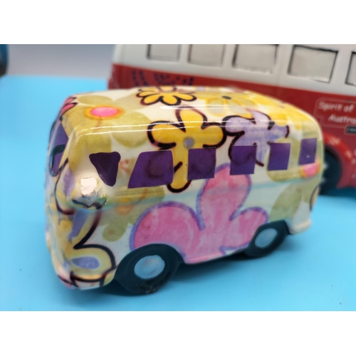 55 - Volkswagen Camper Van Money Boxes (2). Largest being 19cm x 14cm. Smaller One has Chip to Mirror.