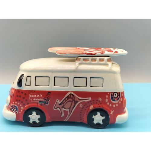 55 - Volkswagen Camper Van Money Boxes (2). Largest being 19cm x 14cm. Smaller One has Chip to Mirror.