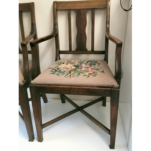 594 - 2 x Wooden Oak Carvers with Tapestry Seats. 87cm High, 52cm x 42cm. Seat Height 46cm. This Lot is Co... 