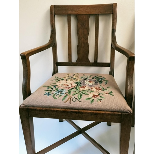 594 - 2 x Wooden Oak Carvers with Tapestry Seats. 87cm High, 52cm x 42cm. Seat Height 46cm. This Lot is Co... 