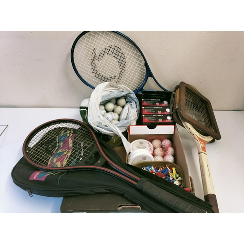 620 - Box of Tennis Rackets, Golf Balls, Tees, Ball Markers, etc.