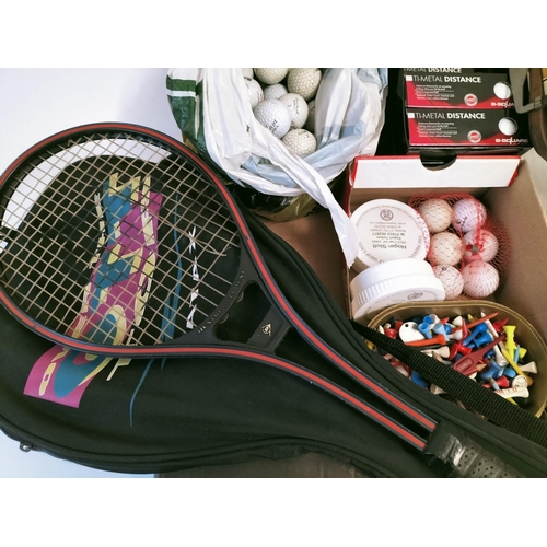 620 - Box of Tennis Rackets, Golf Balls, Tees, Ball Markers, etc.