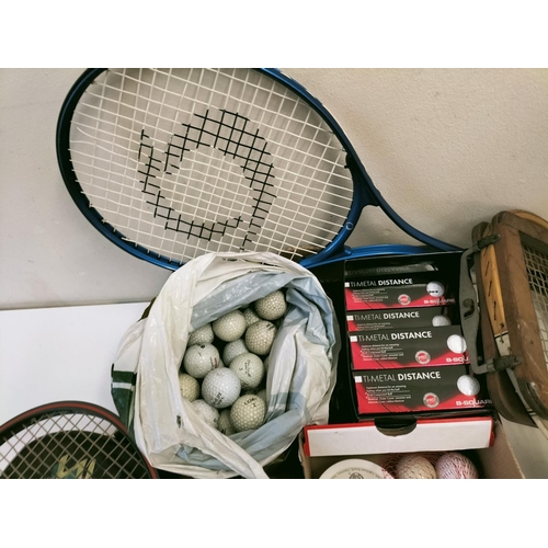 620 - Box of Tennis Rackets, Golf Balls, Tees, Ball Markers, etc.