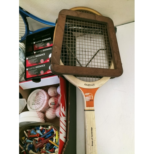 620 - Box of Tennis Rackets, Golf Balls, Tees, Ball Markers, etc.