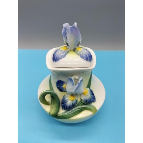 629 - Graff Porcelain Iris Lidded Sugar Pot and Cream Jug. Tallest being 14cm.