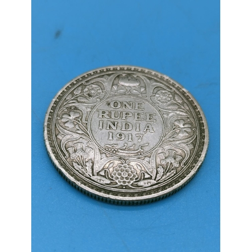 63 - British India One Rupee Silver Coin, 1917 George V.