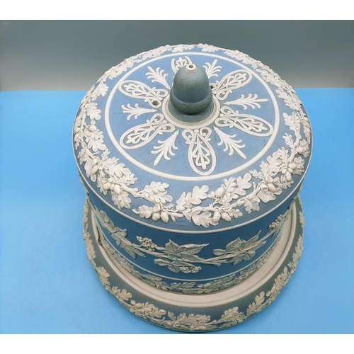 66 - Large Blue and White Jasper Dip Cheese Dome. 24cm High, 28cm Base Diameter. Slight Damage to Relief ... 