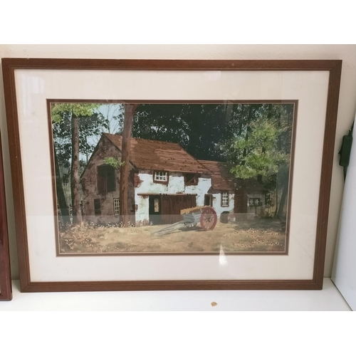 664 - 2 x Framed Tapestry Pictures - 1 of a Farmhouse, 1 of Oriental Girls. Largest being 61cm x 46cm.