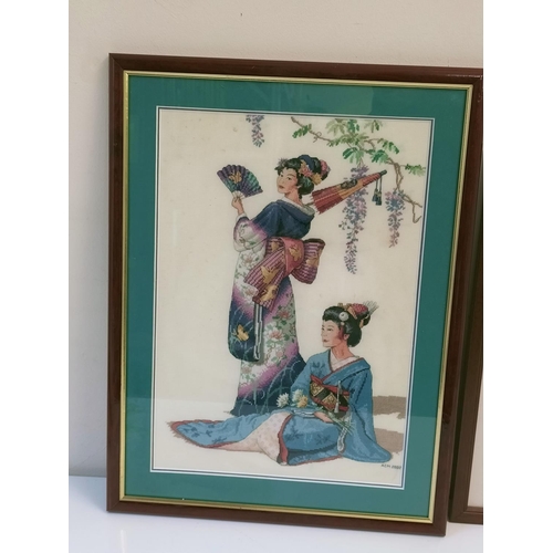 664 - 2 x Framed Tapestry Pictures - 1 of a Farmhouse, 1 of Oriental Girls. Largest being 61cm x 46cm.