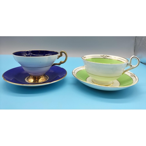 674 - Old Royal Bone China Cups and Saucers (2) - Royal Blue and Green Floral.