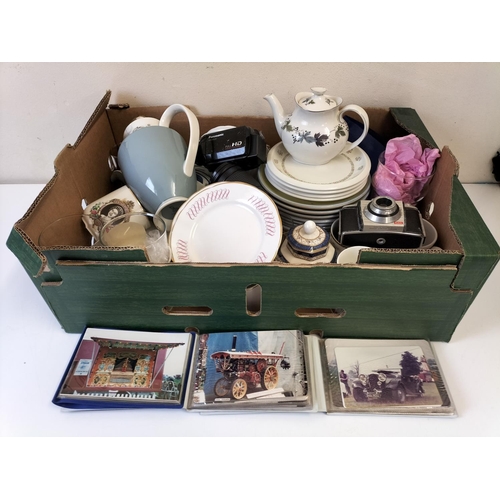 696 - Box of Mixed Items to include Teapot, Coffee Pot, China, Cameras, etc.