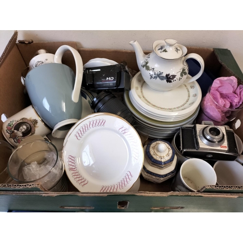 696 - Box of Mixed Items to include Teapot, Coffee Pot, China, Cameras, etc.