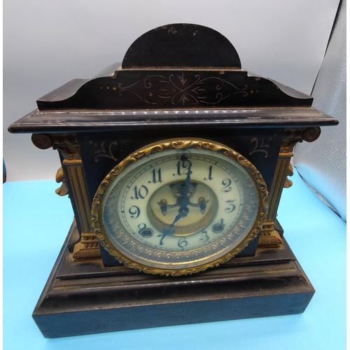 73 - Antique 19th Century c1882  Ansonia, New York Company, Marble and Black Iron 8 Day Mantle Clock with... 