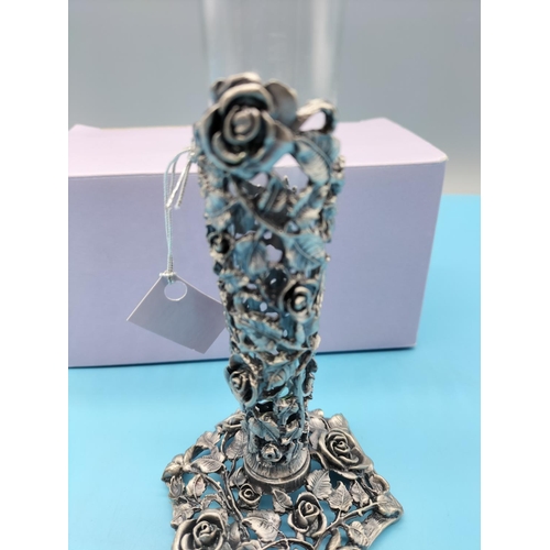 250 - Glass Posy Holder with Pewter Style Metal Damask Rose Base. 19cm High. Boxed.