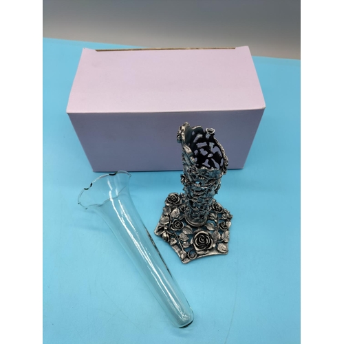 250 - Glass Posy Holder with Pewter Style Metal Damask Rose Base. 19cm High. Boxed.