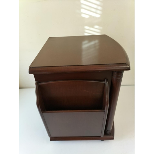 305 - Mahogany Effect Table Magazine Rack with Drawers. Mark to Top Corner. 48cm x 41cm x41cm. This Lot is... 