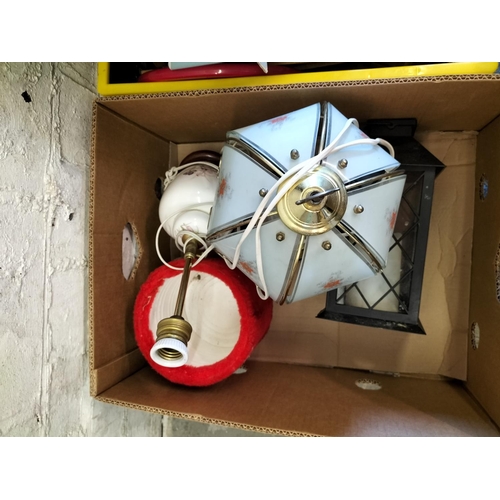 368 - 3 Boxes of Mixed Items to include Pottery, Glass, Lamps, Wooden Cased Battery Wall Clock with Pendul... 