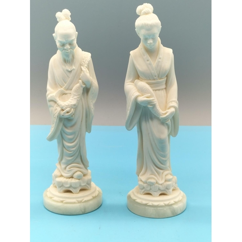 98 - Pair of Carved Oriental Figures on Marble Bases. 13cm High.