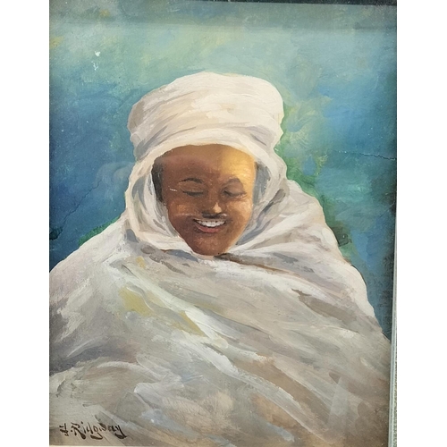 701 - Framed Oil on Board 'The Happy Arab' by J Ridgway. 30cm x 25cm.