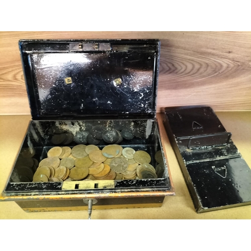 472 - Brass Handled Metal Cash Tin with Contents.