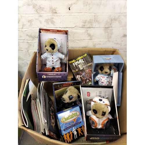 473 - Box of Mixed Items to include 'Compare the Market' Meerkat Plush Figures, Jigsaws, Football Programm... 