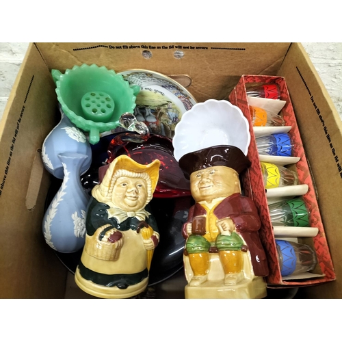 475 - Box of Ceramics and Glass including Toby Jugs, Shot Glasses, etc.