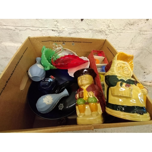 475 - Box of Ceramics and Glass including Toby Jugs, Shot Glasses, etc.